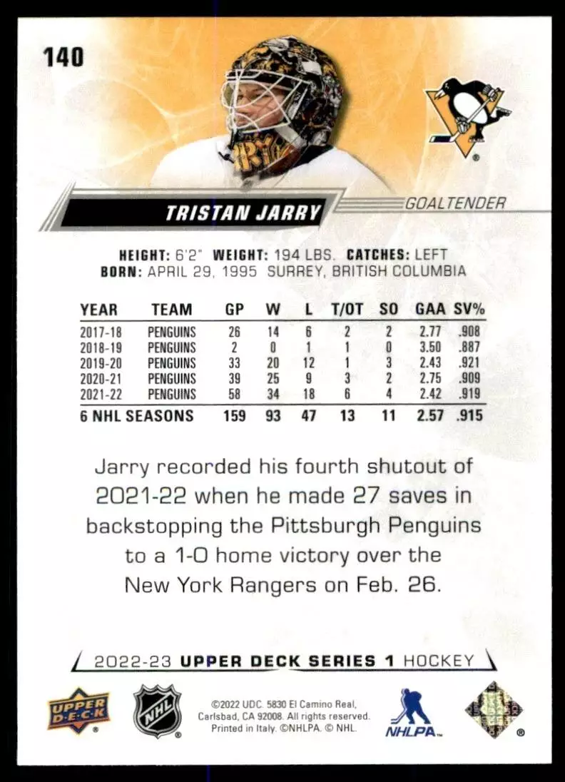 2022-23 Upper Deck #140 Tristan Jarry 1