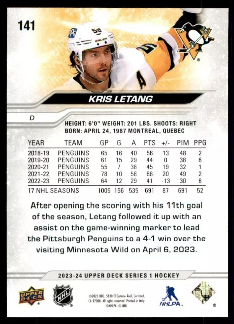 2023-24 Upper Deck #141 Kris Letang 1
