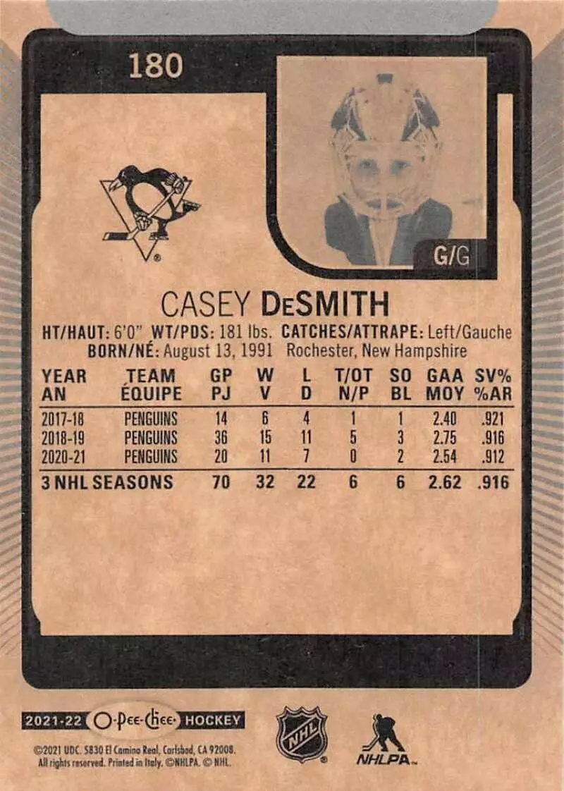 2021-22 O-Pee-Chee #180 Casey DeSmith 1