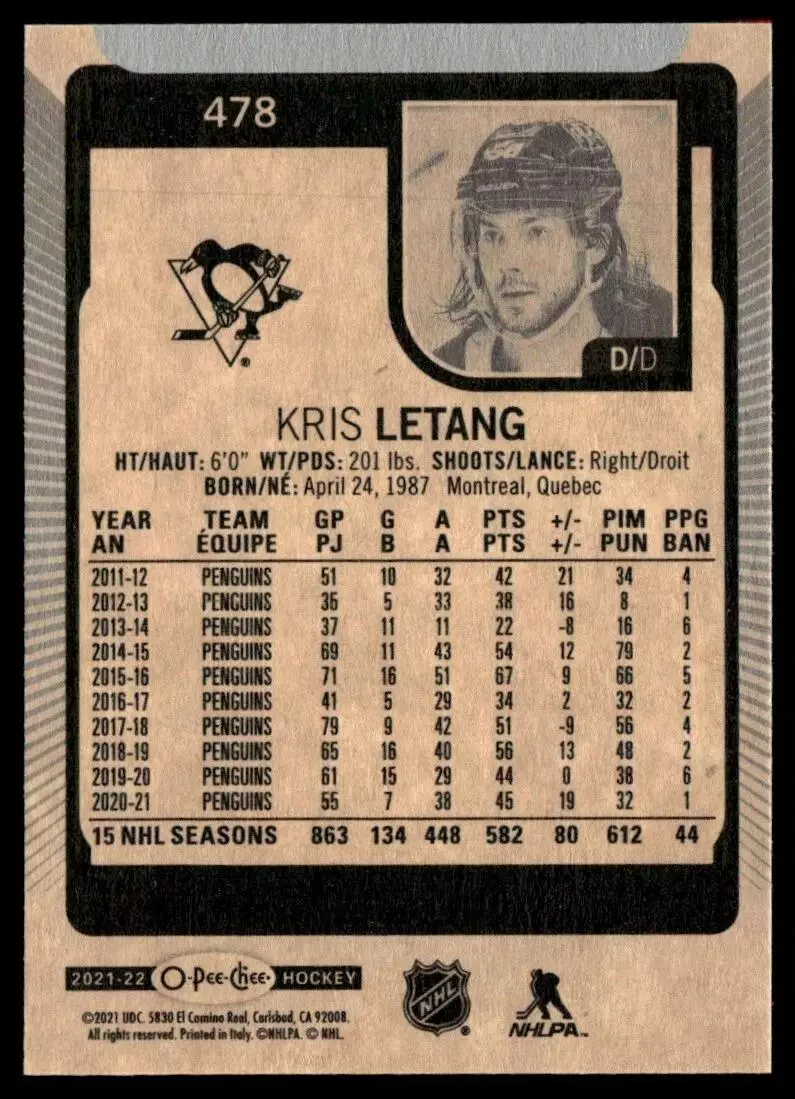 2021-22 O-Pee-Chee #478 Kris Letang 1