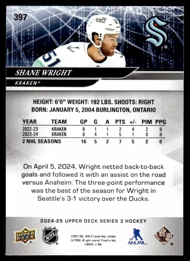2024-25 Upper Deck #397 Shane Wright 1