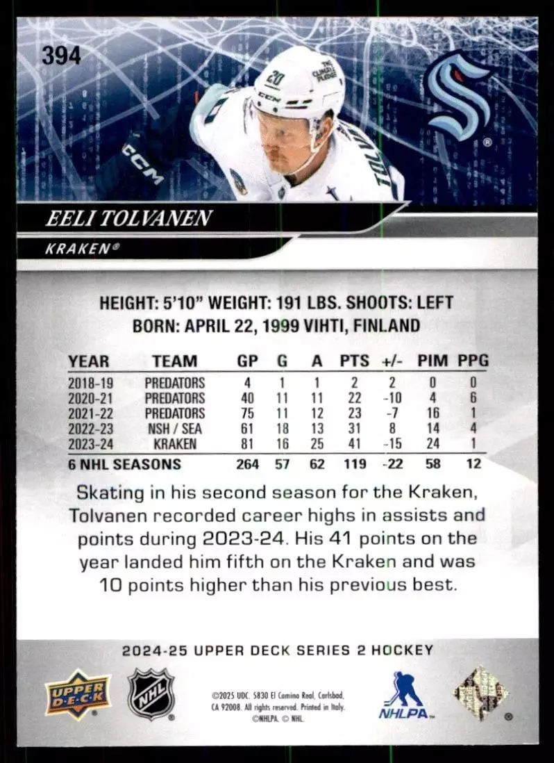 2024-25 Upper Deck #394 Eeli Tolvanen 1