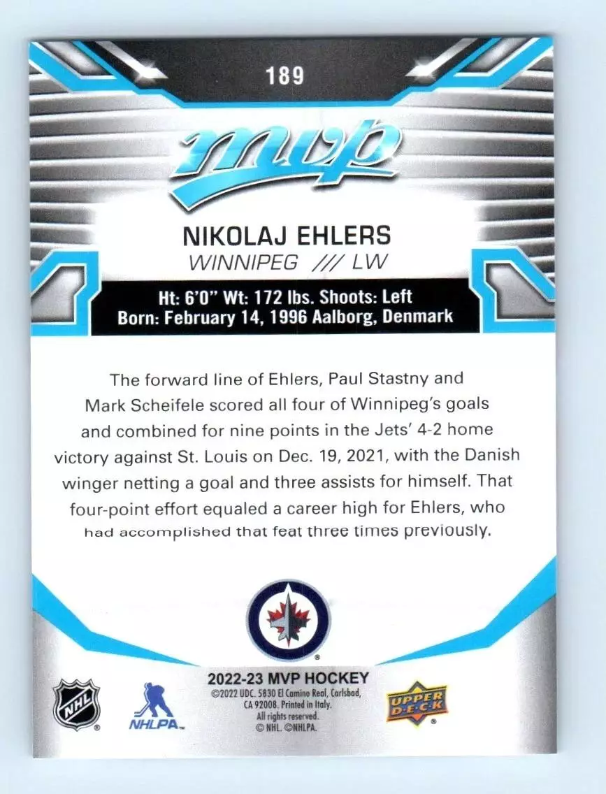 2022-23 Upper Deck MVP #189 Nikolaj Ehlers 1