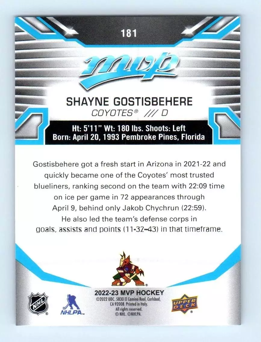 2022-23 Upper Deck MVP #181 Shayne Gostisbehere 1