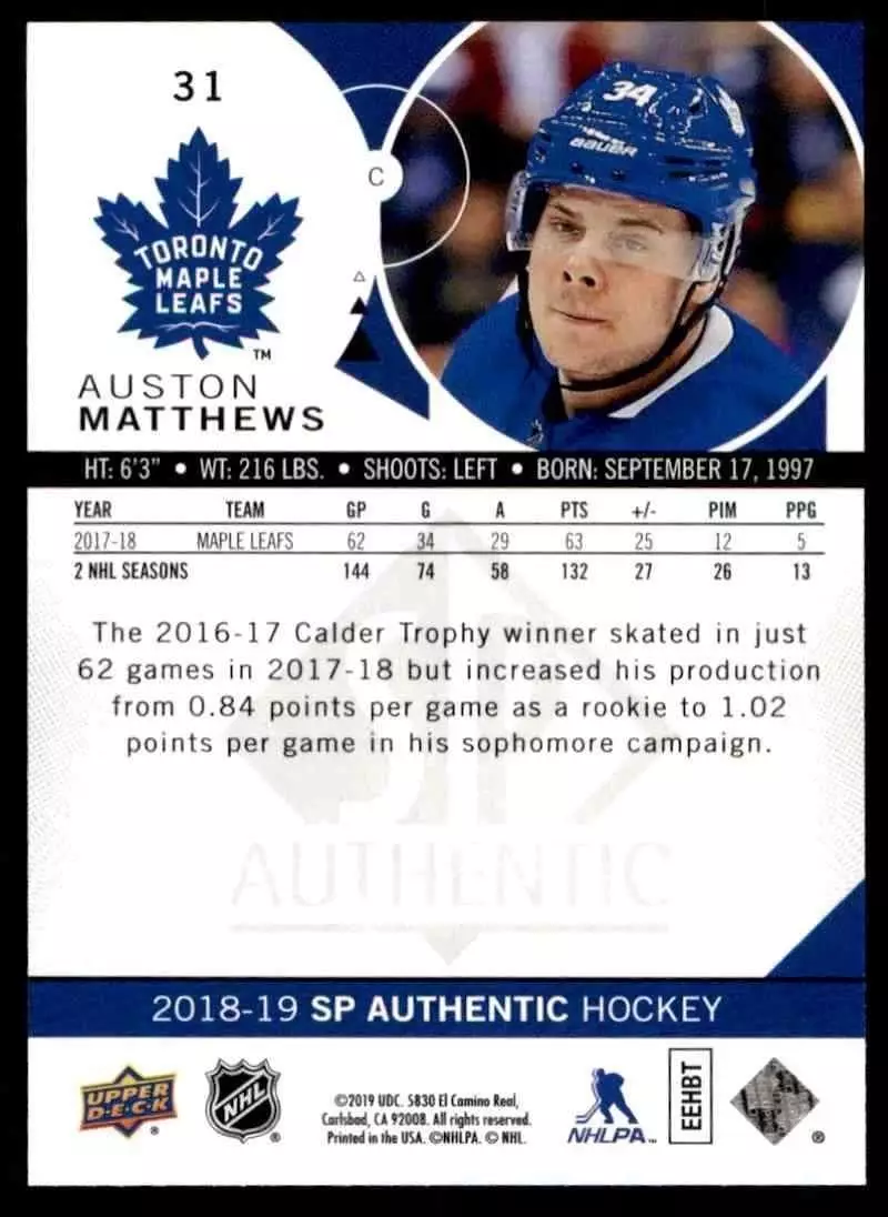 2018-19 SP Authentic #31 Auston Matthews 1