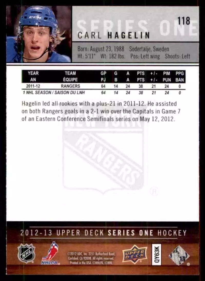 2012-13 Upper Deck #118 Carl Hagelin 1