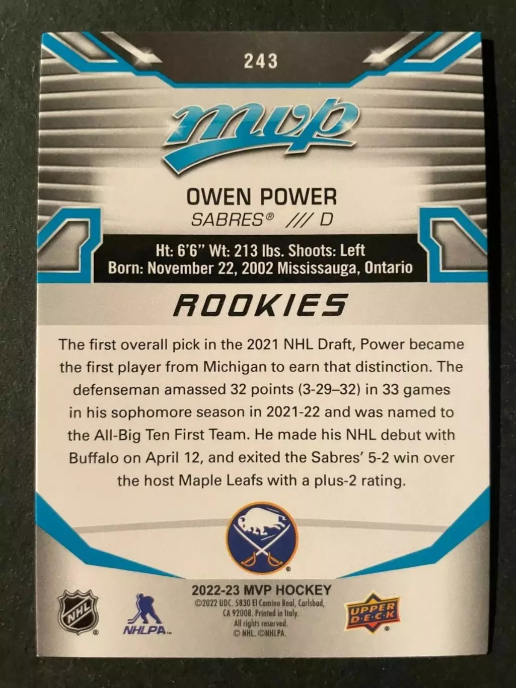 2022-23 Upper Deck MVP #243 Owen Power SP RC 1
