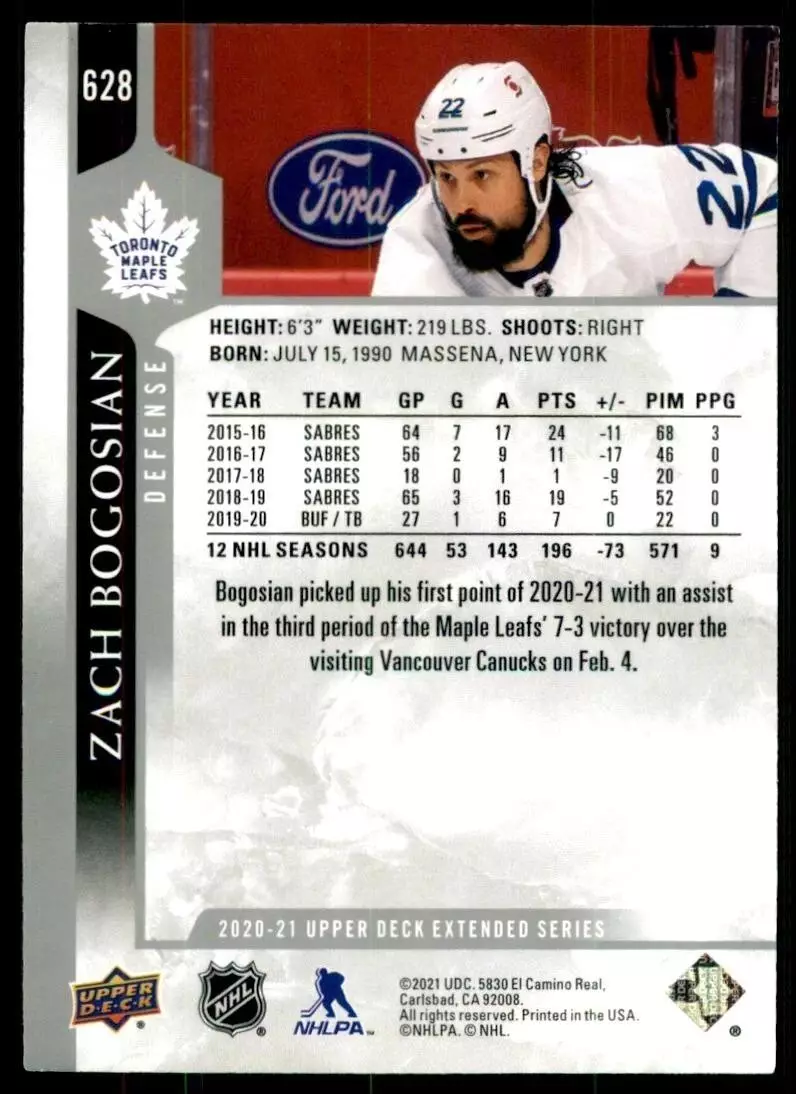 2020-21 Upper Deck #628 Zach Bogosian 1