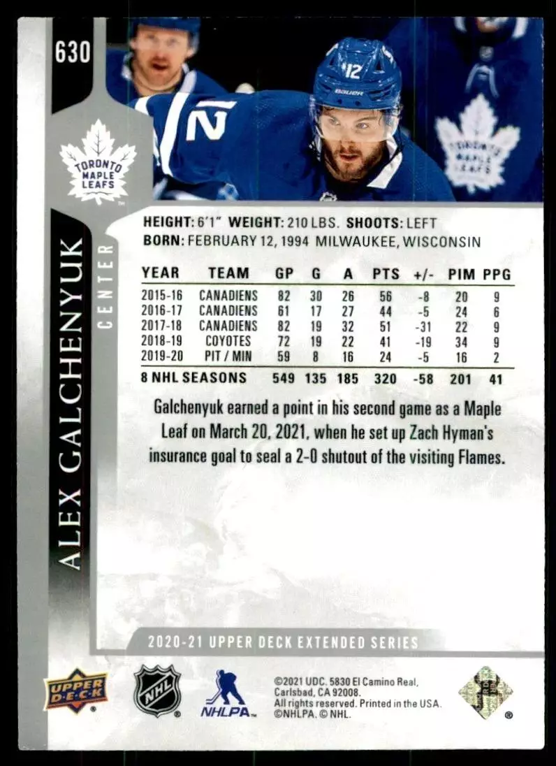 2020-21 Upper Deck #630 Alex Galchenyuk 1