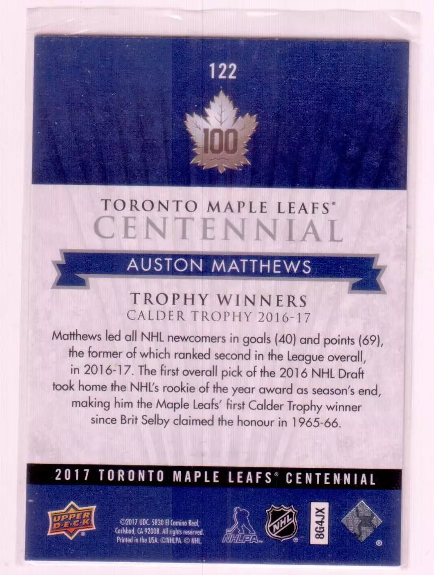 2017-18 Toronto Maple Leafs Centennial #122 Auston Matthews TW 1