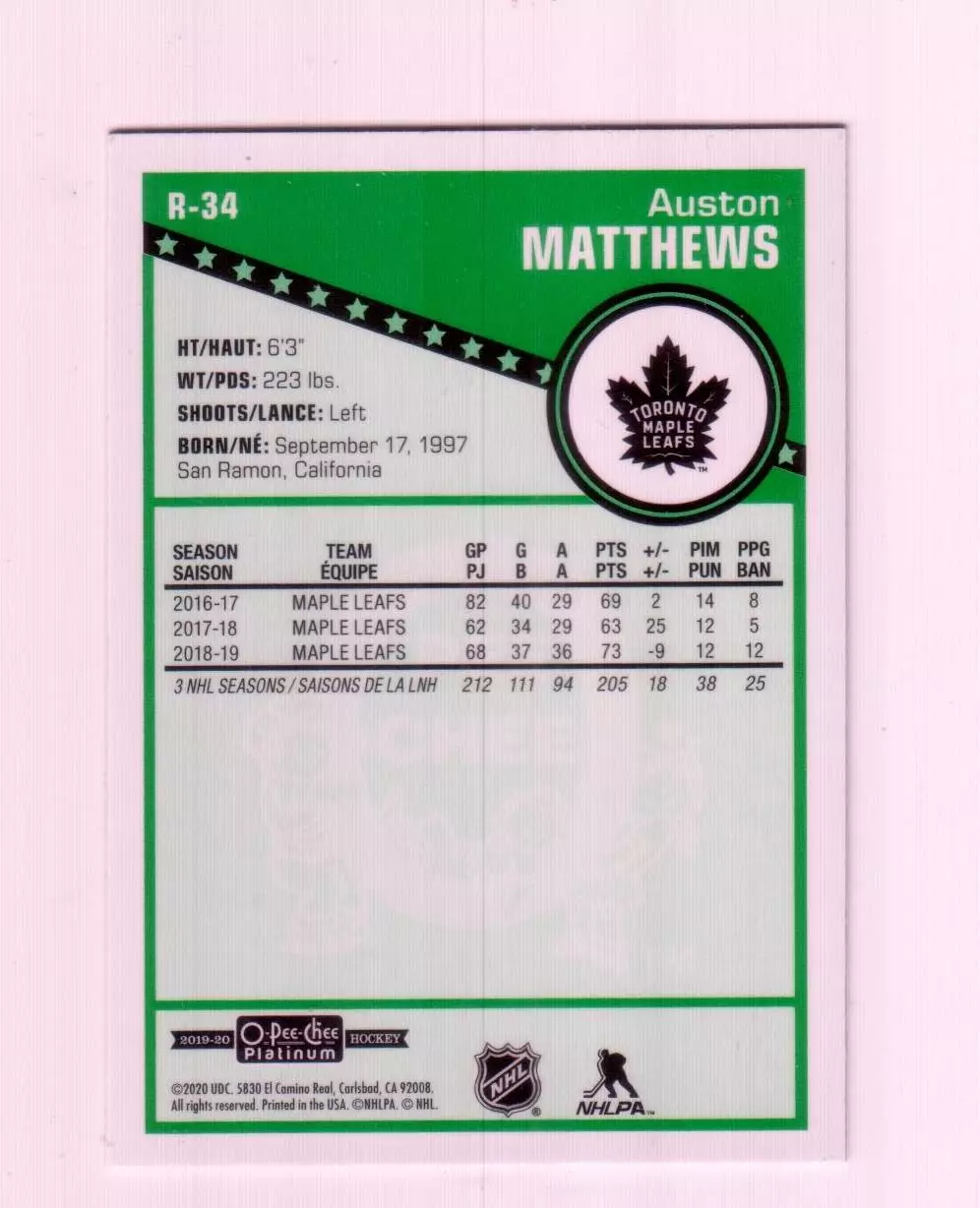 2019-20 O-Pee-Chee Platinum Retro #R34 Auston Matthews 1