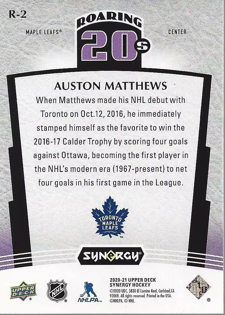 2020-21 Synergy Roaring 20s #R2 Auston Matthews 1