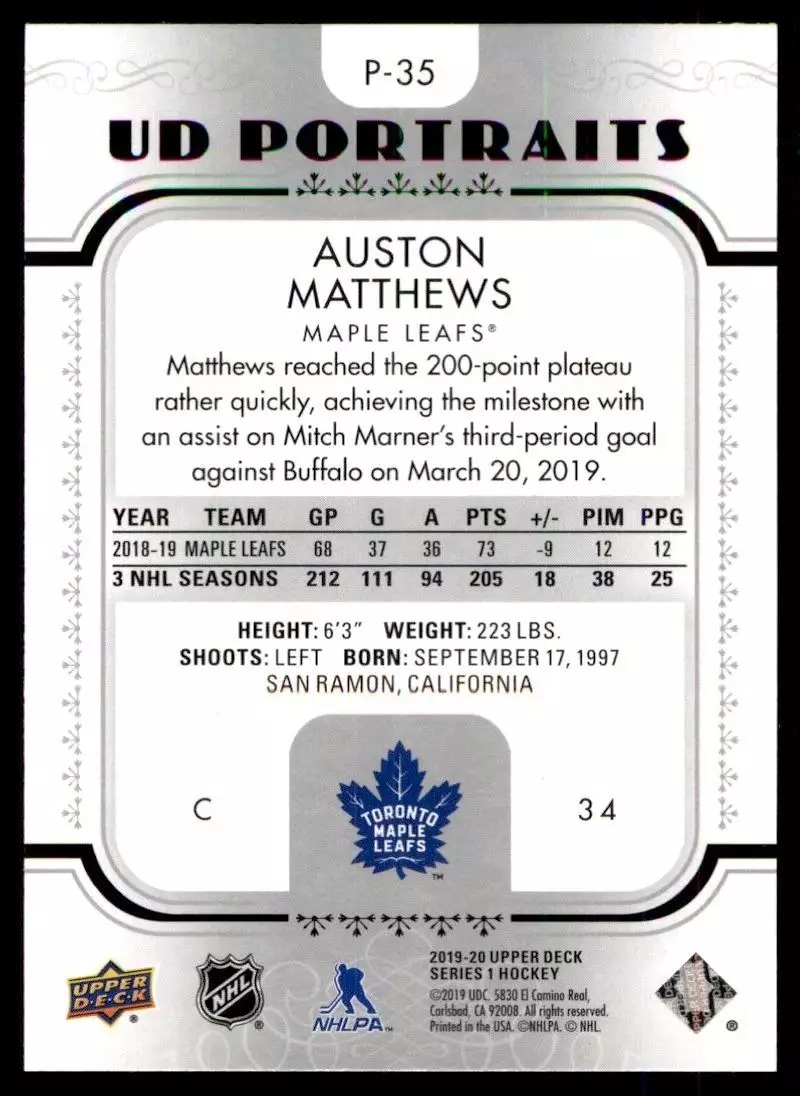 2019-20 Upper Deck UD Portraits #P35 Auston Matthews 1