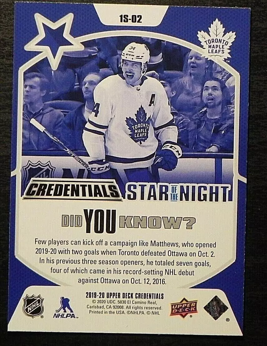 2019-20 Upper Deck Credentials 1st Star of the Night #1S02 Auston Matthews 1