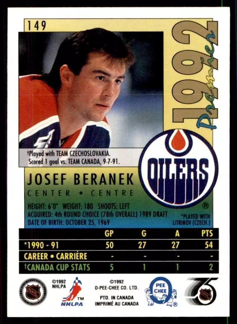 1991-92 OPC Premier #149 Josef Beranek RC 1