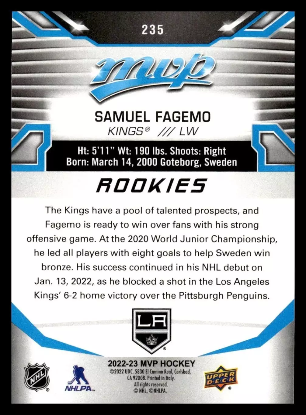 2022-23 Upper Deck MVP #235 Samuel Fagemo SP RC 1