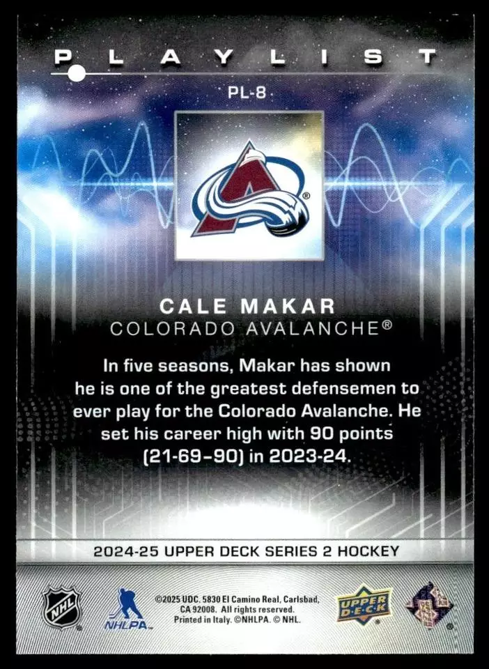 2024-25 Upper Deck Playlist #PL8 Cale Makar 1