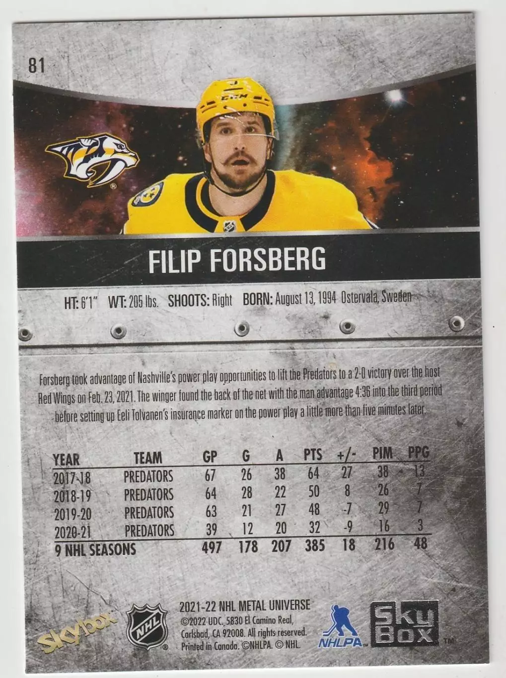2021-22 Metal Universe #81 Filip Forsberg 1