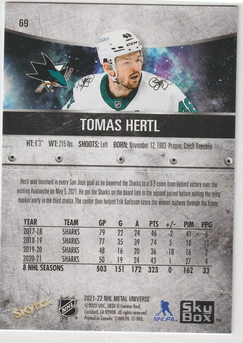 2021-22 Metal Universe #69 Tomas Hertl 1