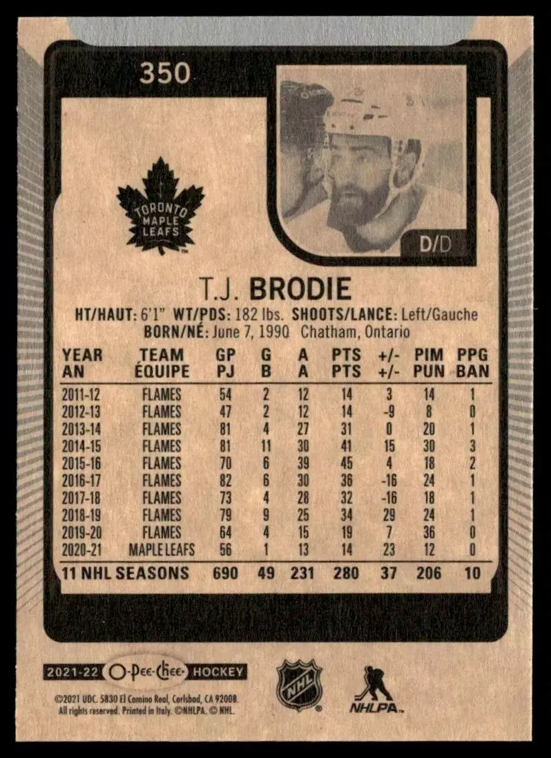2021-22 O-Pee-Chee #350 T.J. Brodie 1