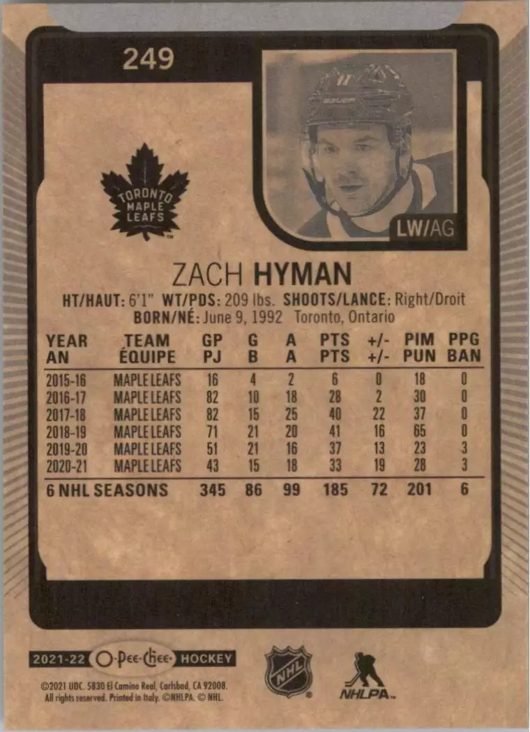 2021-22 O-Pee-Chee #249 Zach Hyman 1
