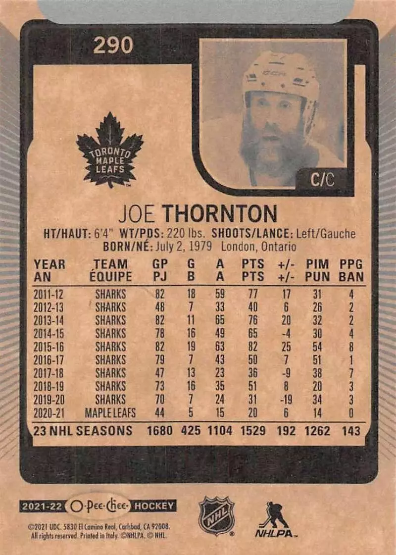 2021-22 O-Pee-Chee #290 Joe Thornton 1