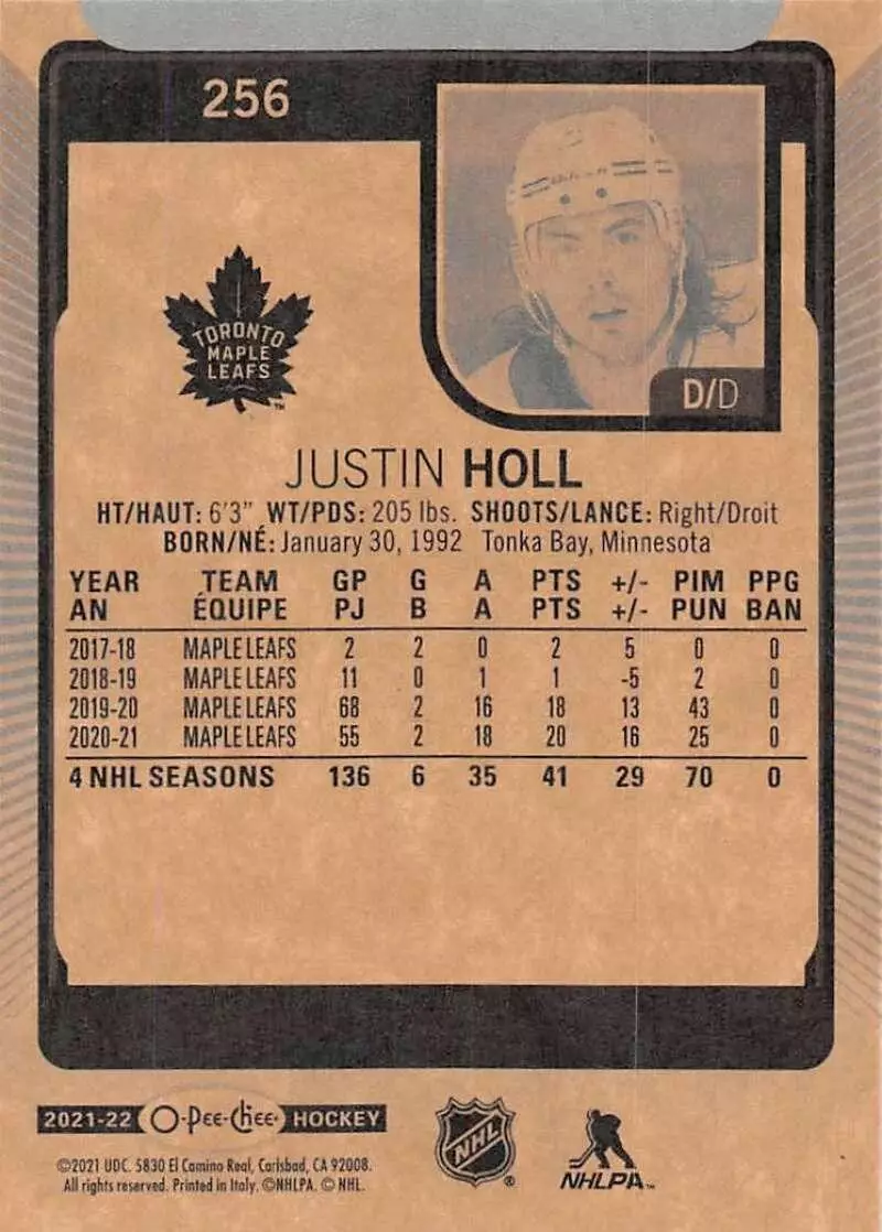 2021-22 O-Pee-Chee #256 Justin Holl 1