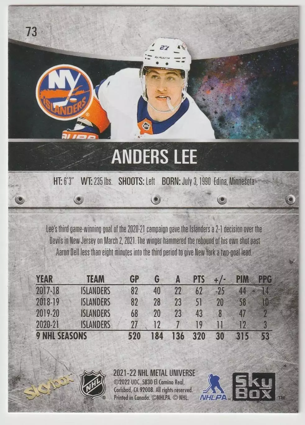 2021-22 Metal Universe #73 Anders Lee 1