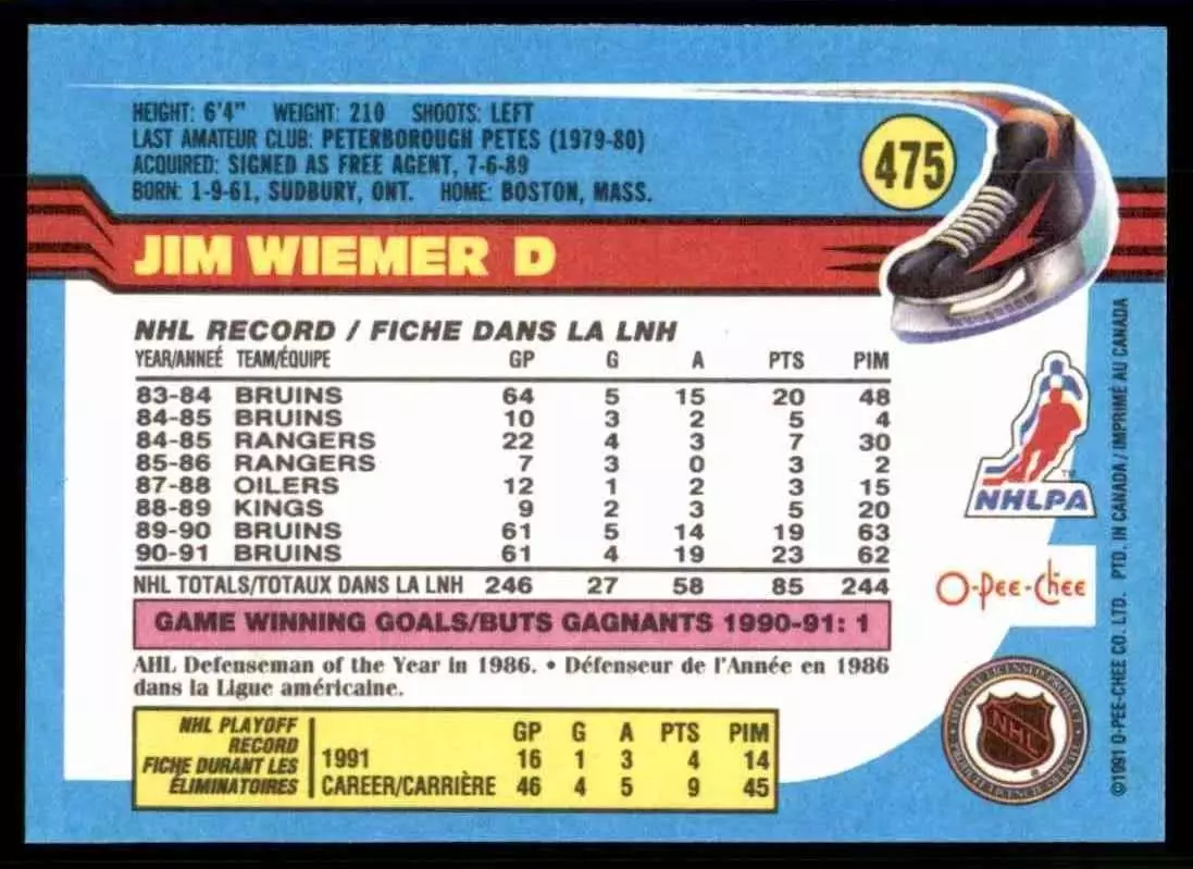 1991-92 O-Pee-Chee #475 Jim Wiemer 1
