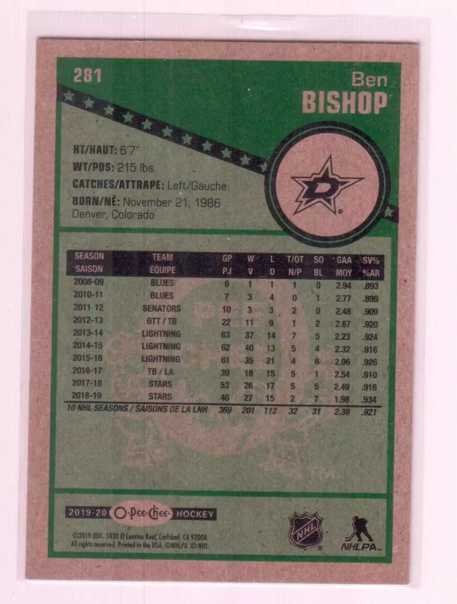 2019-20 O-Pee-Chee Retro #281 Ben Bishop 1