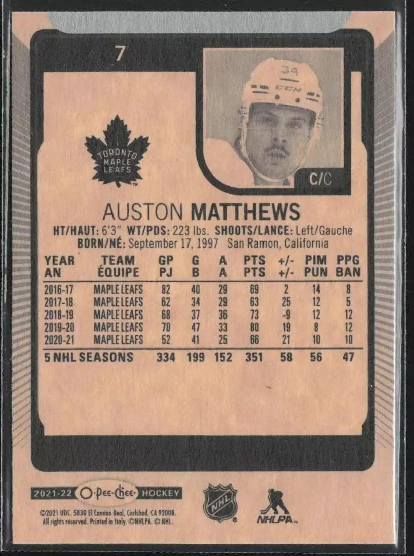 2021-22 O-Pee-Chee #7 Auston Matthews 1