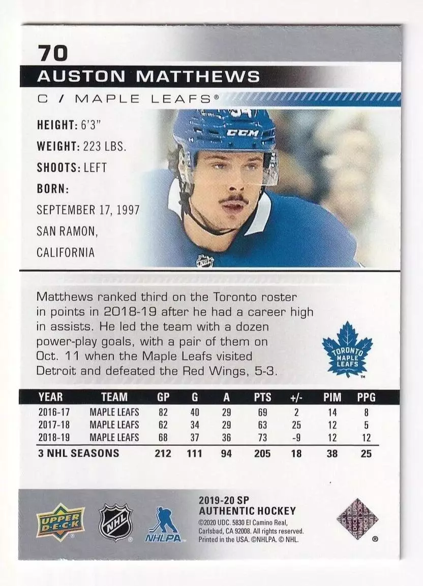 2019-20 SP Authentic #70 Auston Matthews 1