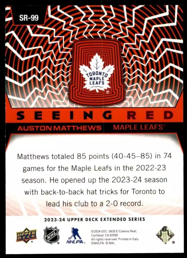 2023-24 Upper Deck Seeing Red #SR99 Auston Matthews 1