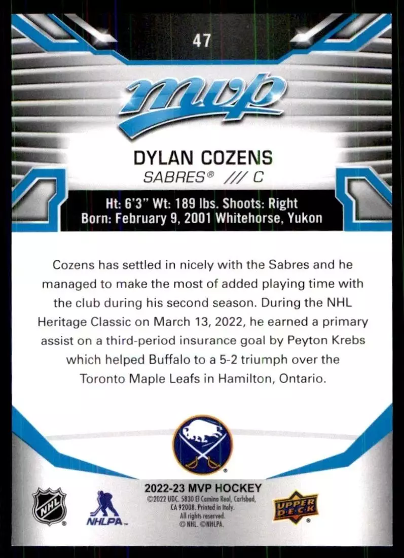 2022-23 Upper Deck MVP #47 Dylan Cozens 1