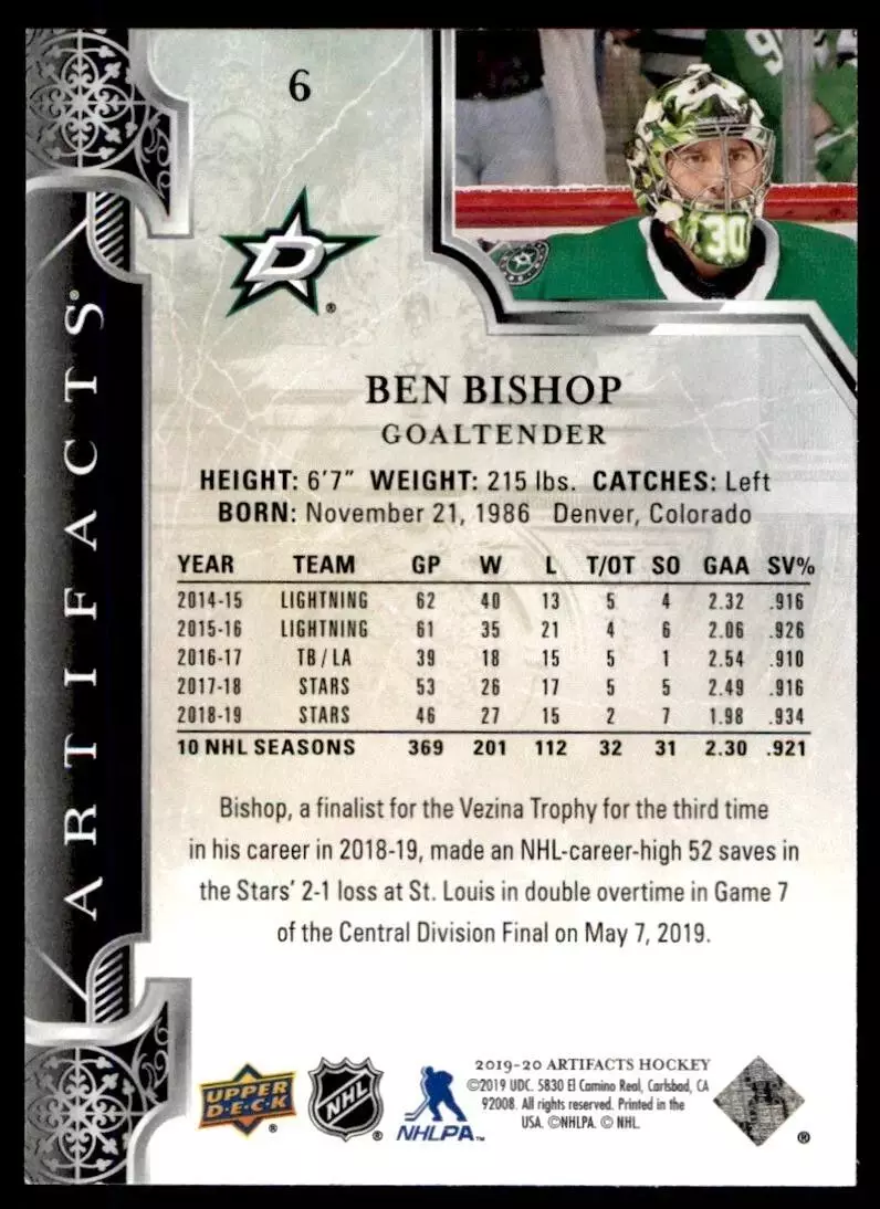 2019-20 Artifacts #6 Ben Bishop 1