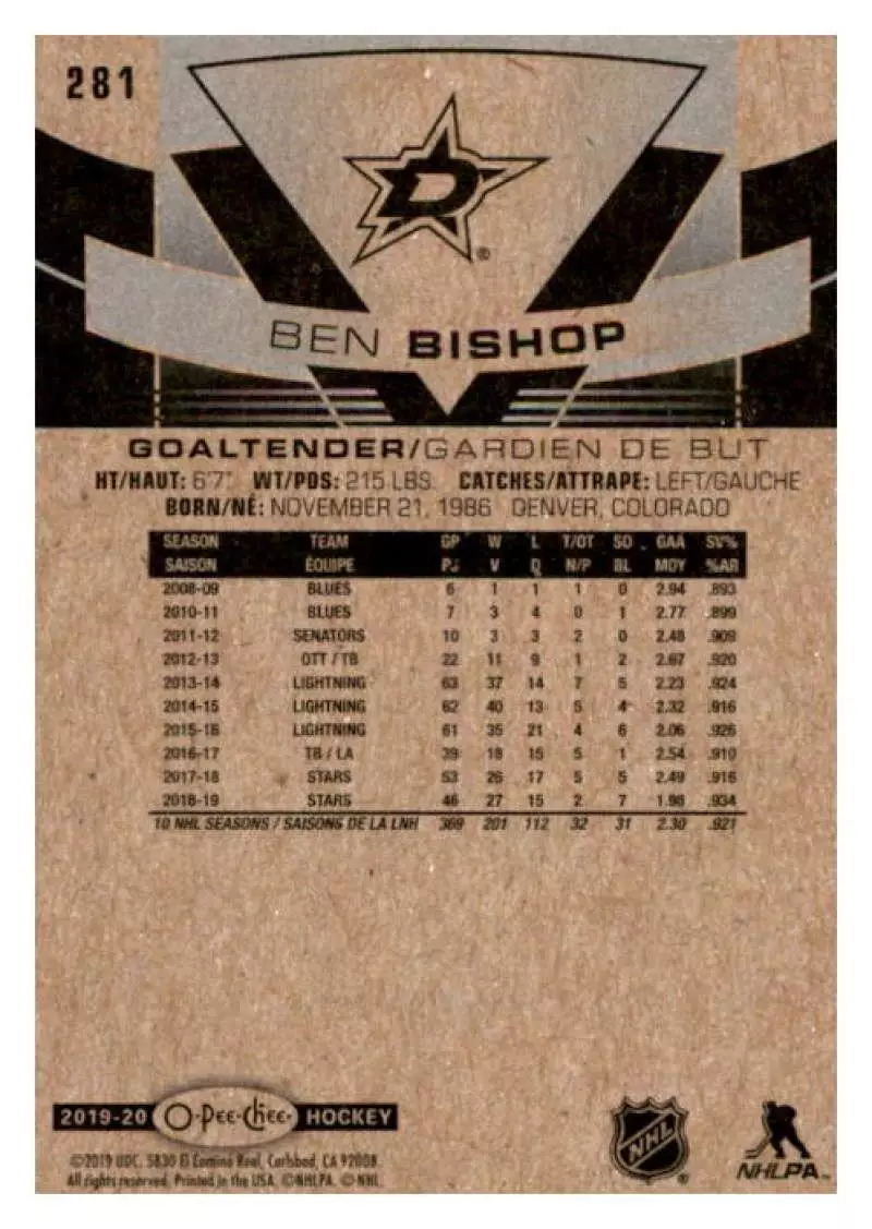 2019-20 O-Pee-Chee #281 Ben Bishop 1