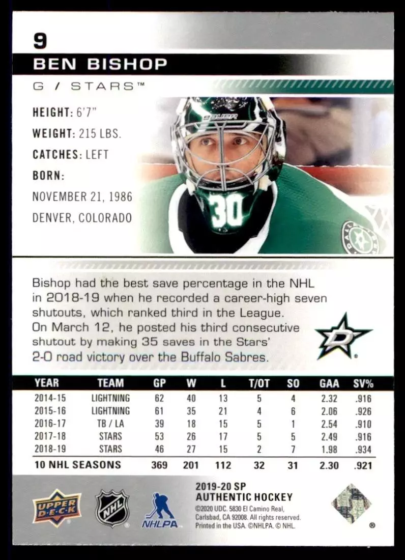2019-20 SP Authentic #9 Ben Bishop 1