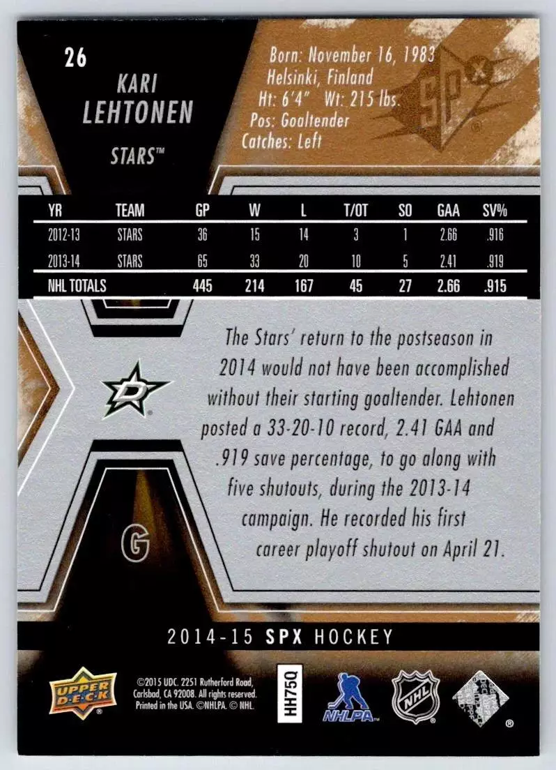 2014-15 SPx #26 Kari Lehtonen 1