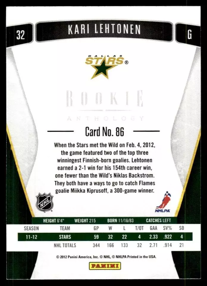 2011-12 Panini Rookie Anthology #86 Kari Lehtonen 1
