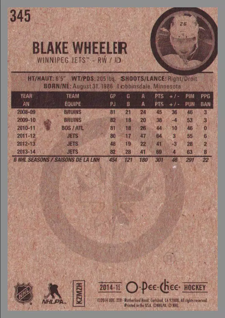 2014-15 O-Pee-Chee #345 Blake Wheeler 1