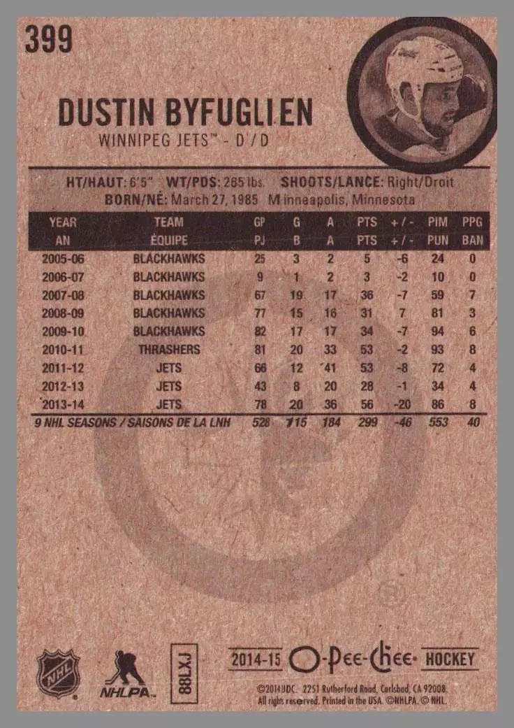 2014-15 O-Pee-Chee #399 Dustin Byfuglien 1