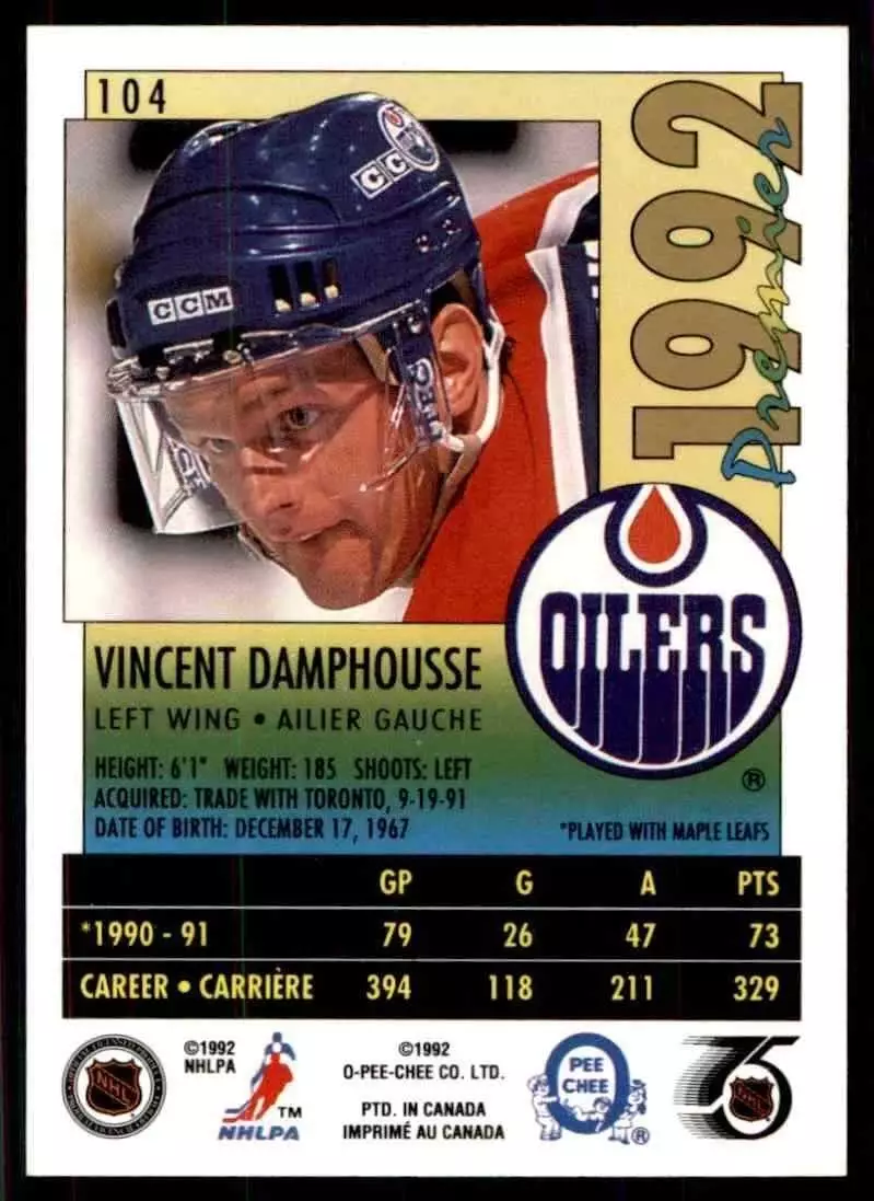 1991-92 OPC Premier #104 Vincent Damphousse 1