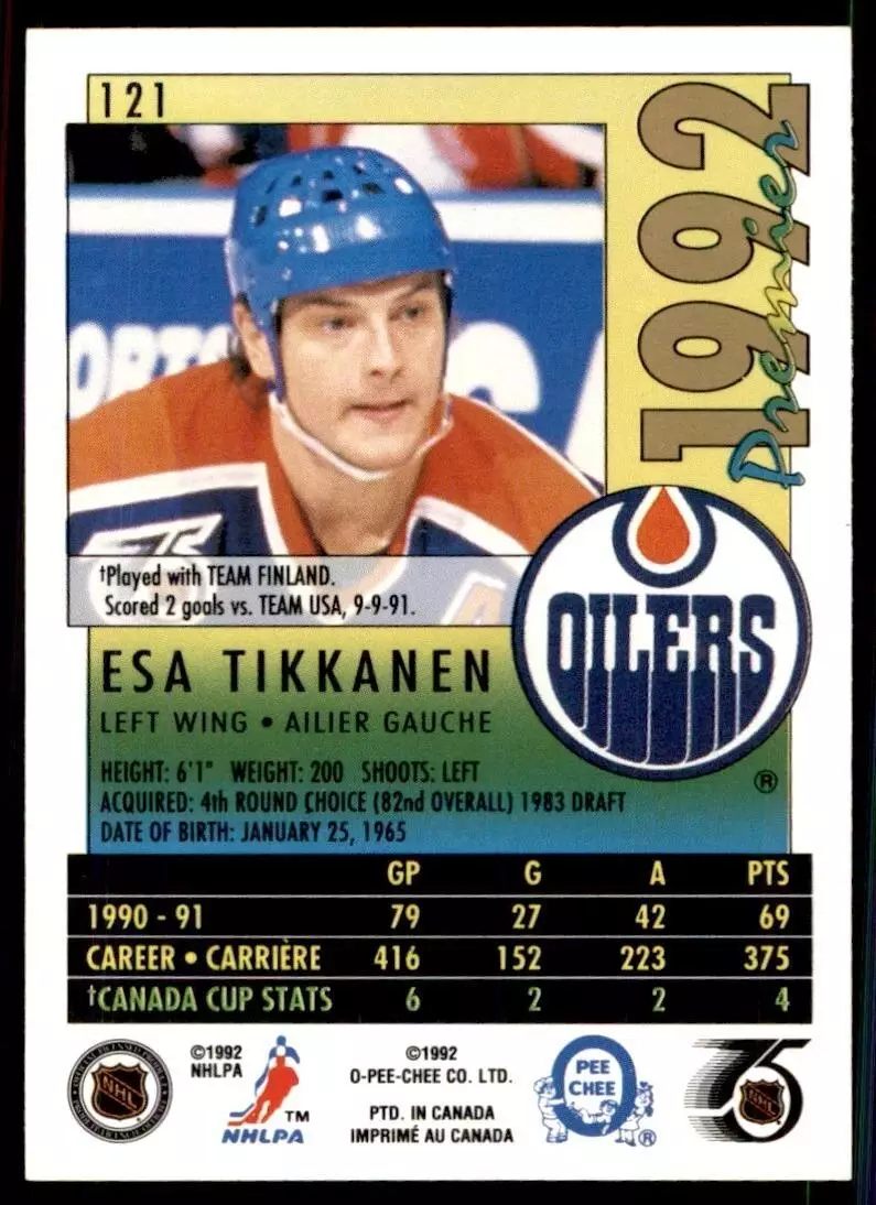 1991-92 OPC Premier #121 Esa Tikkanen 1