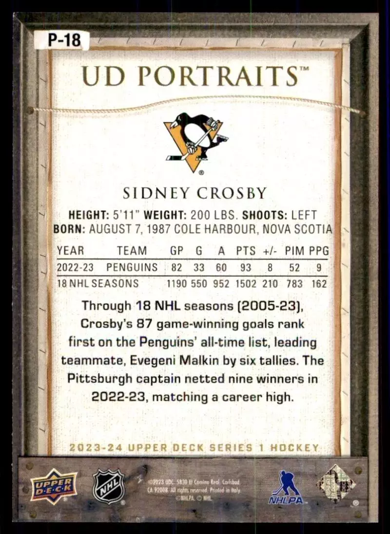 2023-24 Upper Deck UD Portraits #P18 Sidney Crosby 1