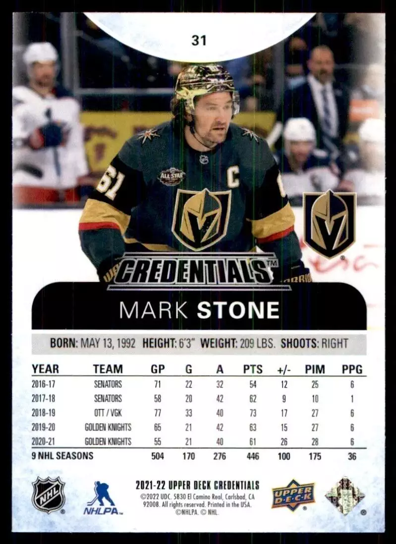 2021-22 Upper Deck Credentials #31 Mark Stone 1