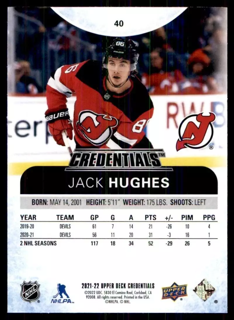 2021-22 Upper Deck Credentials #40 Jack Hughes 1