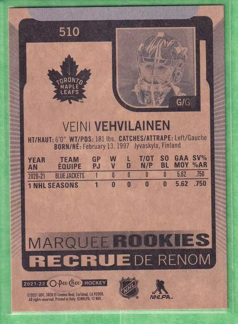 2021-22 O-Pee-Chee #510 Veini Vehvilainen RC 1