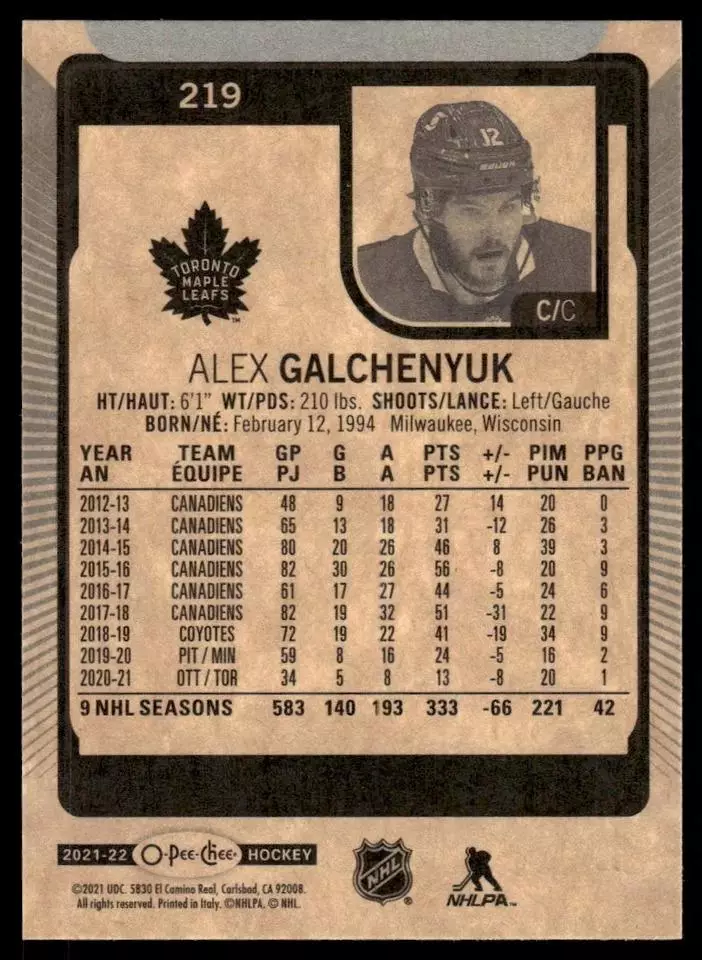 2021-22 O-Pee-Chee #219 Alex Galchenyuk 1