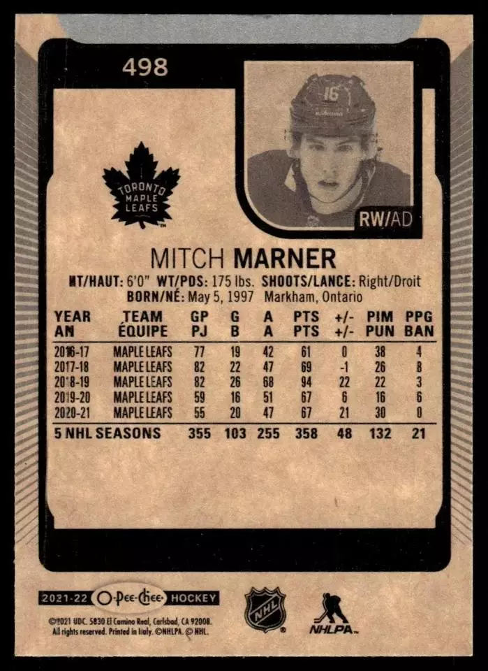 2021-22 O-Pee-Chee #498 Mitch Marner 1