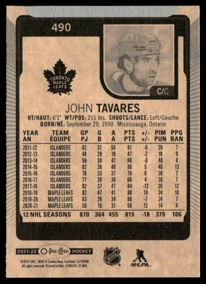 2021-22 O-Pee-Chee #490 John Tavares 1